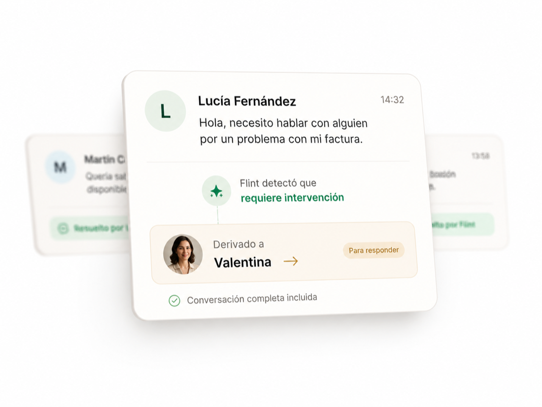 Conversación derivada del agente a una persona del equipo, con el historial completo incluido